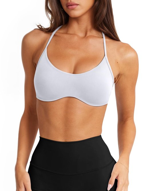 LASLULU Womens White Sports Bra Sexy Y Back Padded Racerback Spaghetti Strap Scoop Neck Workout Yoga Gym Athletic Bras Tops Fitness Clothes Going Out Tops (White, Small)