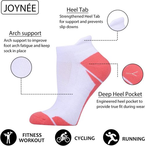 JOYNÉE Women's Athletic Running Socks - Cushioned Low Cut Tab | 6 Pack in White, Size 9-11