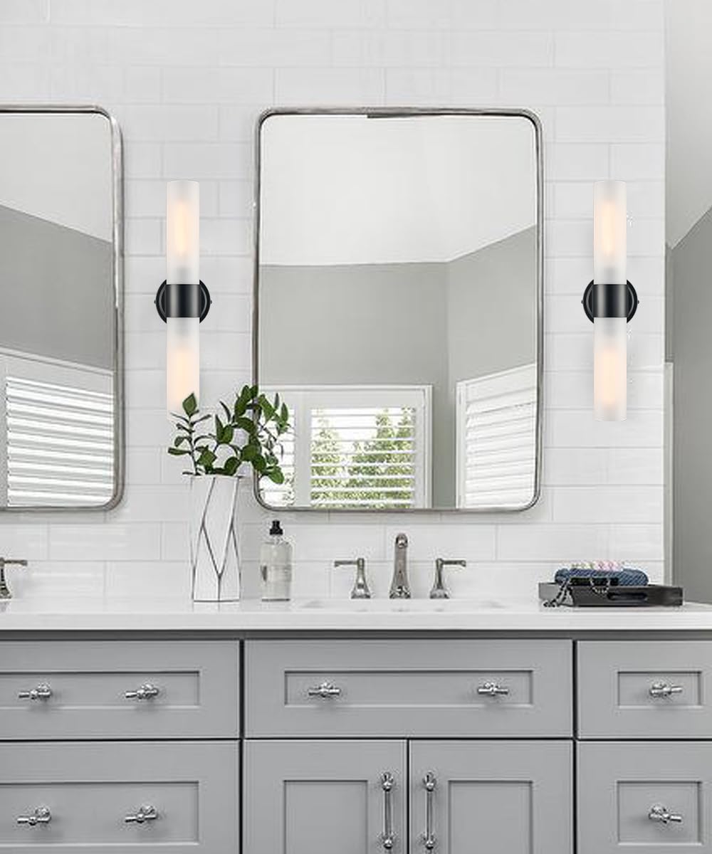 DAYCENT Modern Black Bathroom Vanity Lights Farmhouse 2-Light Frosted Glass Wall Sconce Matte Black Cylinder Sconces Wall Lighting for Bedroom Hallway Living Room, 20" H