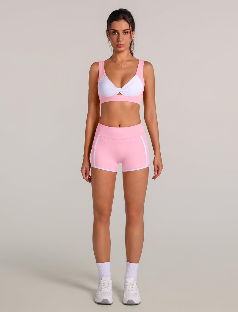 ABOCIW Workout Sets for Women 2 Piece Contrast Trims Twist Front Sports Bra High Waist Mini Shorts with Pockets Pilates Outfits Athletic Yoga Gym Sets Pink Medium