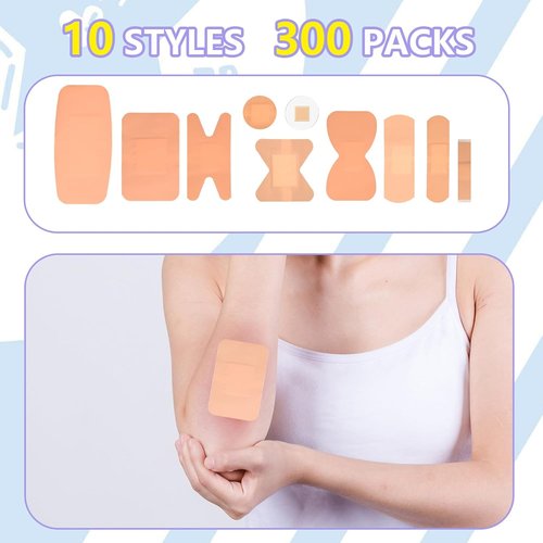 Assorted Bandages Variety Pack - 300 Flexible Adhesive Bandages for First Aid | Waterproof & Breathable