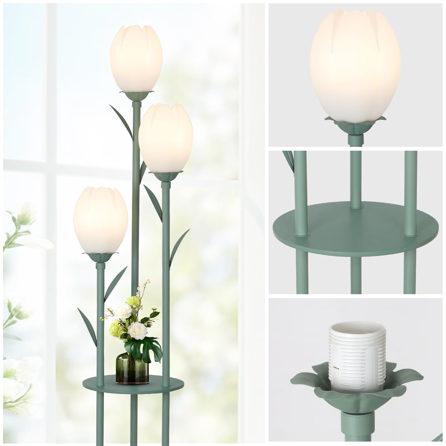3-Light Flower Floor Lamps for Living Room, Green Floor Lamp with Shelves, Unique Tulip Standing Lamp with 3 LED Blubs, Cute Floral Tall Lamp, Modern Stand Up Light Decor for Bedroom, Kids Room
