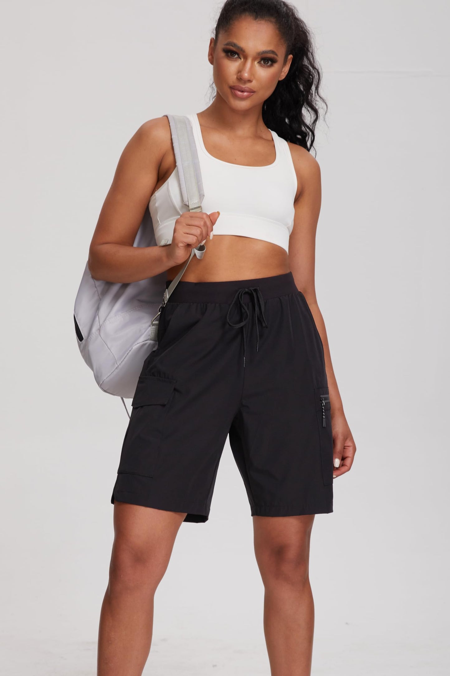 Oalka Women's Hiking Shorts Lightweight Zipper Pockets Cargo Quick Dry Summer Shorts Black L