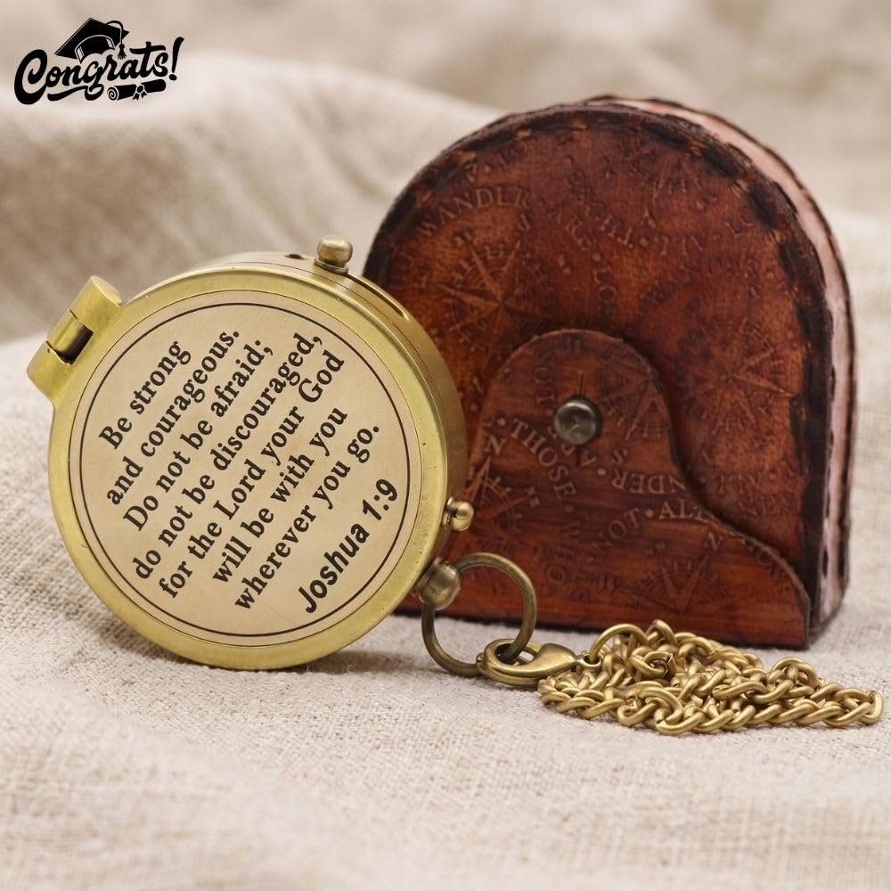 Be Strong and Courageous Compass – Joshua 1:9 Scripture Engraved – Solid Brass Pocket Compass with Leather Case – Christian Gift for Men, Son, Husband, Graduation, Travel Keepsake