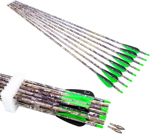 Archery Carbon Hunting Arrows - 28" 30" Spine 300 340 350 400 | Camo Arrow Shafts, Pack of 12