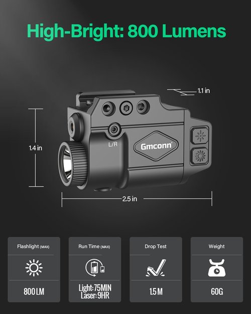 Gmconn Tactical Flashlight - 800 Lumen with Green Laser Sight & Rechargeable Strobe Function