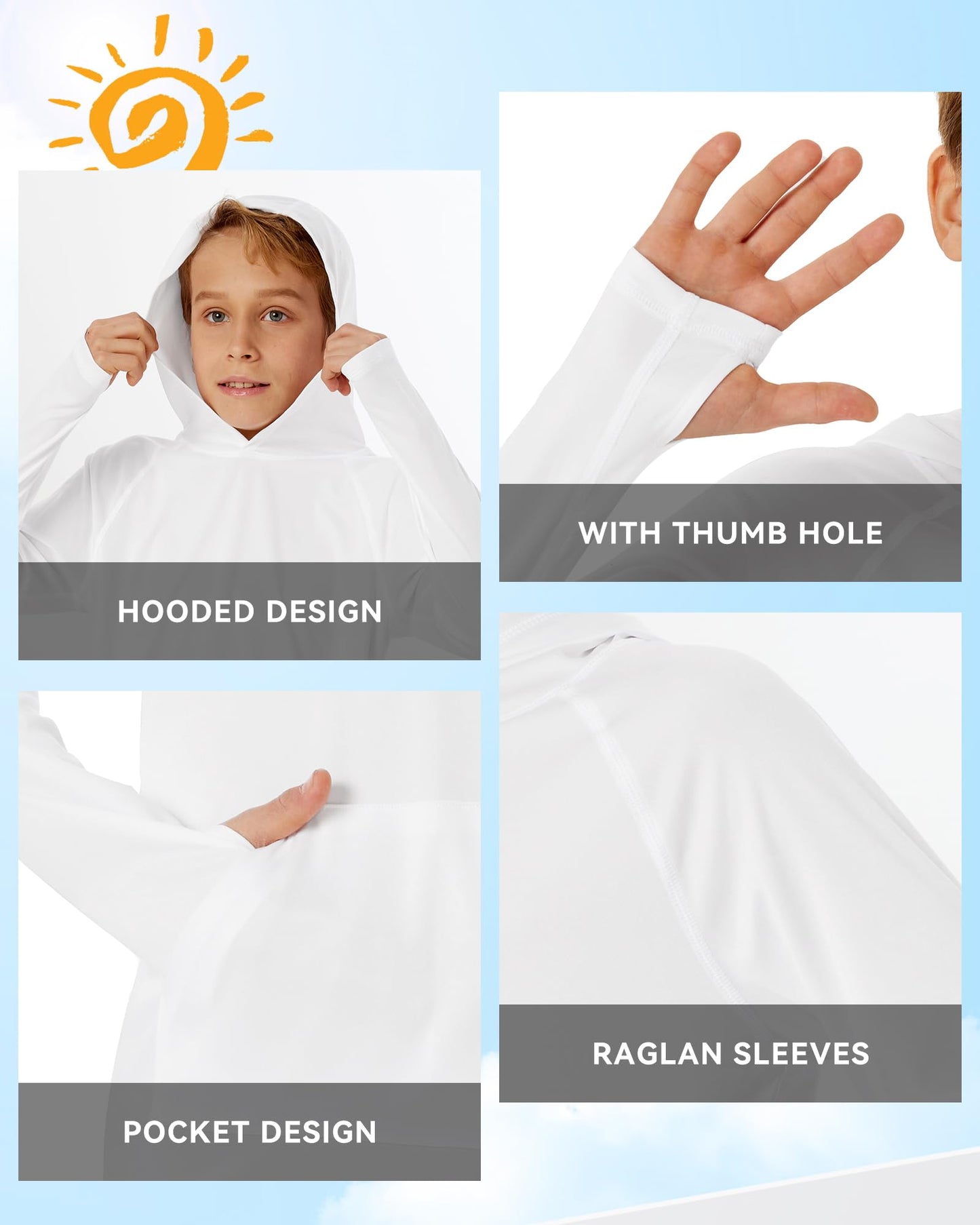 Poekuao Boys UPF 50+ Sun Protection Rash Guard Hoodie Swim Shirt Kids Long Sleeve Fishing Shirts Lightweight Rashguard with Pocket White L