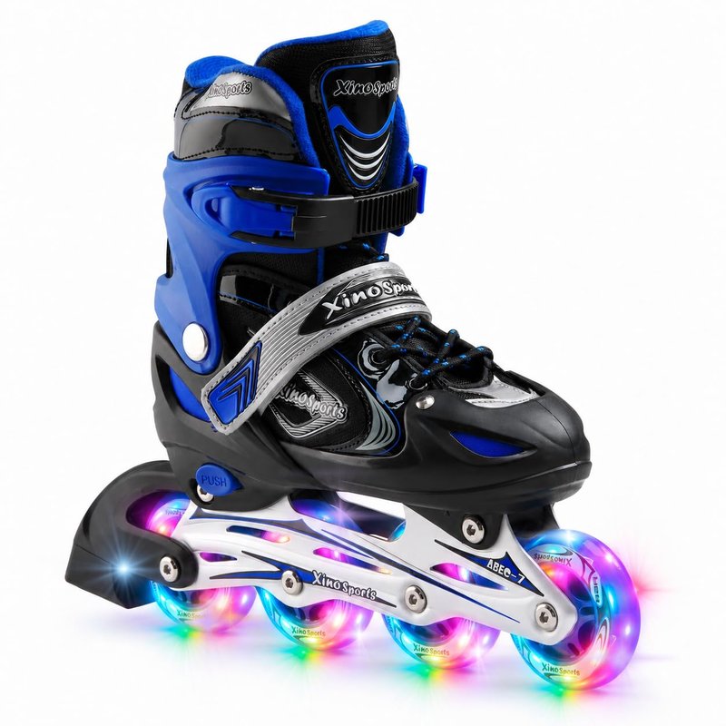 XINO SPORTS Adjustable Inline Skates for Boys and Girls - Pro Quality - Beginner Friendly with Illuminating LED Light-Up Wheels, for Indoor and Outdoor Skating (Blue, Large 5-8)