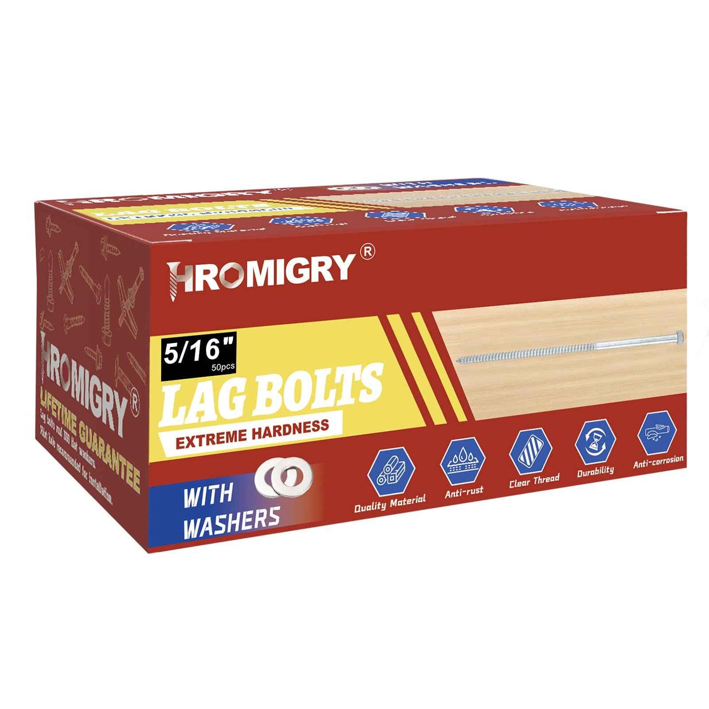 HROMIGRY 5/16" x 3" Lag Bolts (50 Pcs) 5/16 inch Lag Screws for Wood, Heavy Duty Hex Head with Washers, Zinc Plated