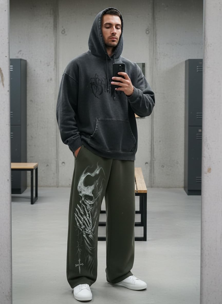 Piuntersite Men's Skull Print Sweatpants Relaxed Fit Punk Gothic Joggers Streetwear Hip Hop Lounge Track Pants with Pockets Black L