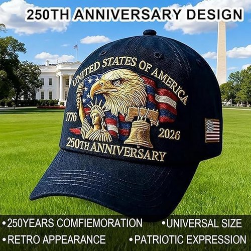 250 Year Anniversary America Hat Patriotic Cap 250th Anniversary Hat Adjustable Embroidery Patriotic Baseball Cap for Men Women (Blue)