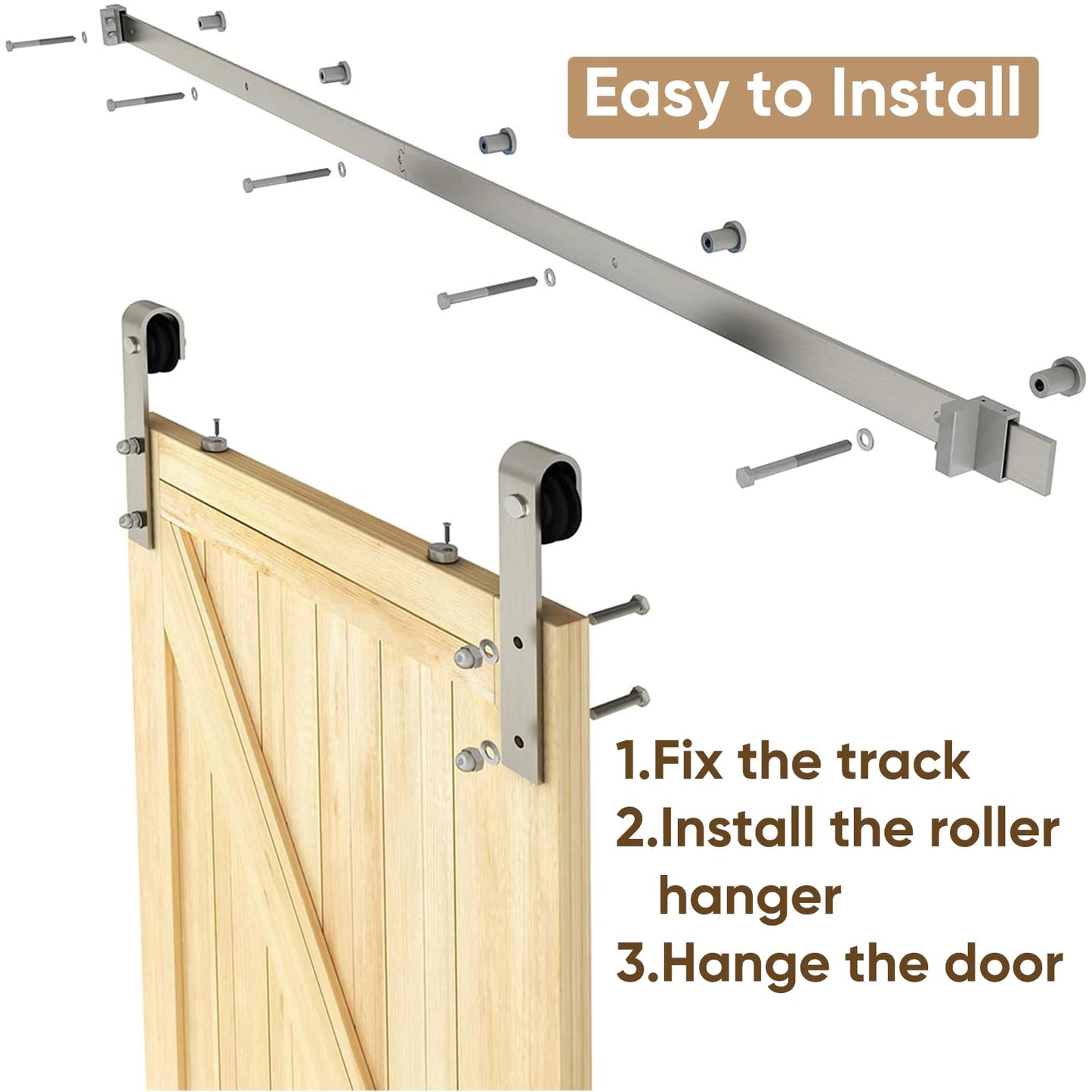 JUBEST 6.6FT Brushed Nickel Sliding Barn Door Hardware Kit Smoothly and Quietly J Shape Hanger Roller Flat Track Kit,Heavy Duty Nickle Barn Door Track,Easy to Install