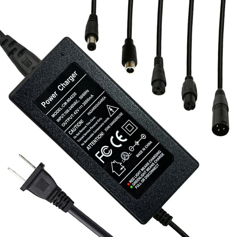 42V 2A Charger 5 Plugs for Scooter 36V Lithium Battery, Pack DC 5.5 * 2.1 /DC 5.5 * 2.5mm/ 8mm 3 Prong/ 8mm RCA/ 3-Pin Male XLR Connector