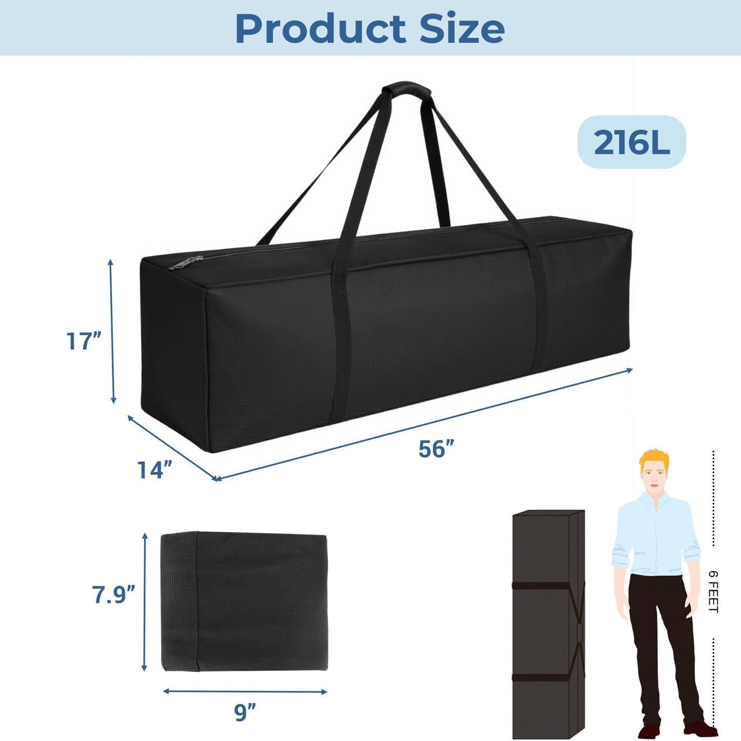 COOLBEBE 56" Sports Duffle Bag - 216L Extra Large Travel Duffel Luggage Bag with Upgrade 2-way Lockable Zippers, Sturdy & Water Resistant Long Duffle Bag for Camping Moving (Black 56inch)