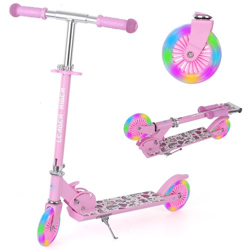 LEADER RIDER Scooters for Kids 3+ with Led Light Up Wheels, Lightweight Foldable Kids Kick Scooters for Girls(Pink)