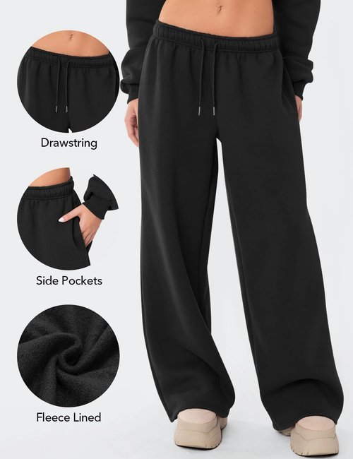 Ugerlov Wide Leg Sweatpants Women Baggy Fleece Sweat Pants Teen Girls Lounge Drawstring Trousers Low Rise Cute Streetwear Pants with Pockets Black M
