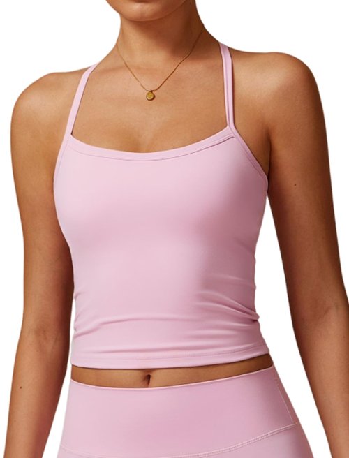 Womens Scoop Neck Longline Sports Bras Fixed Cross Back Women Workout Crop Tank Tops with Built in Bra Active Wear Athletic Work Out Gym Yoga Padded Bra Tank Top Pink M