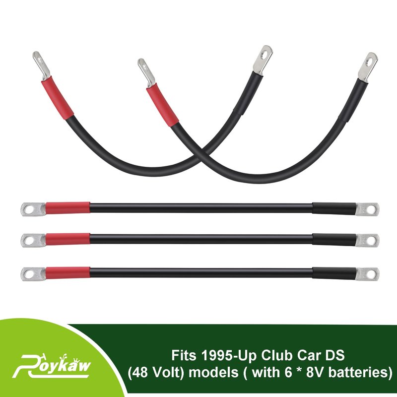 Roykaw 4 Gauge Golf Cart Battery Cables Fits Club Car DS 1995-Up 48 Volt Models, Heavy-Duty Pure Copper Tin-Coated Cable Lugs, Anti-Corrosion/Anti-Oxidation, 5 Pieces Set