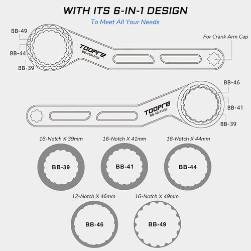 KIEVODE 6-in-1 Bike Bottom Bracket Tool for 12/16-Notch 39/41/44/46/49mm External Cups Lockring and Crank Arm Cap Install Removal - Wrench for Shimano, SRAM, FSA, Rotor, Chris King, Truvativ GXP, Etc