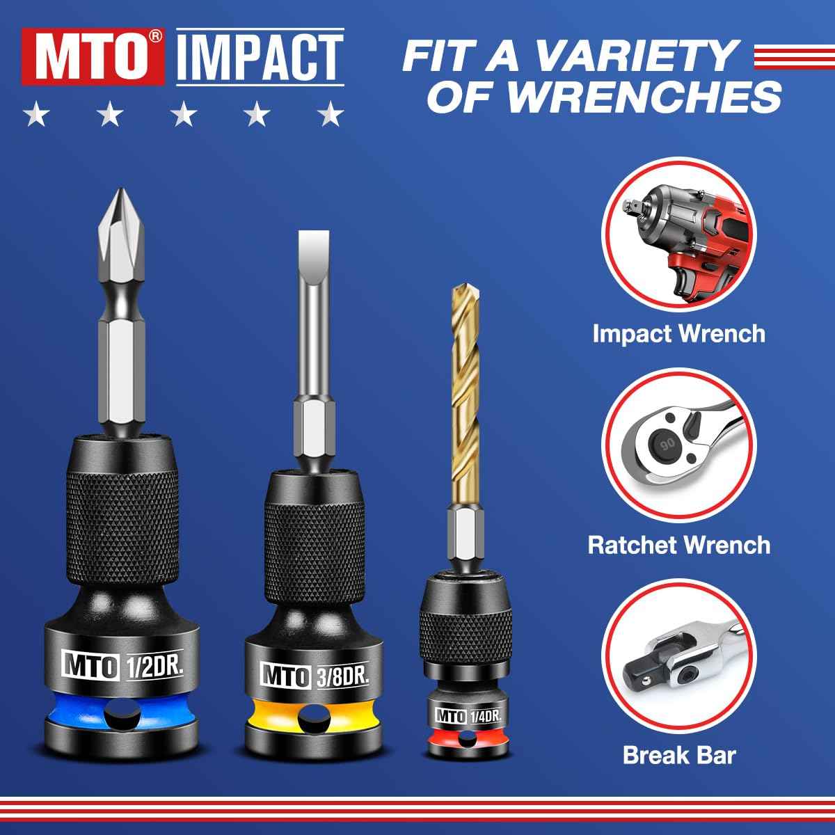 MTO 1/2 3/8 1/4-Inch Square Drive to 1/4-Inch Hex Socket Adapter, 3PCS Quick Release Impact Bit Holder, for Impact Wrench Ratchet, CR-MO