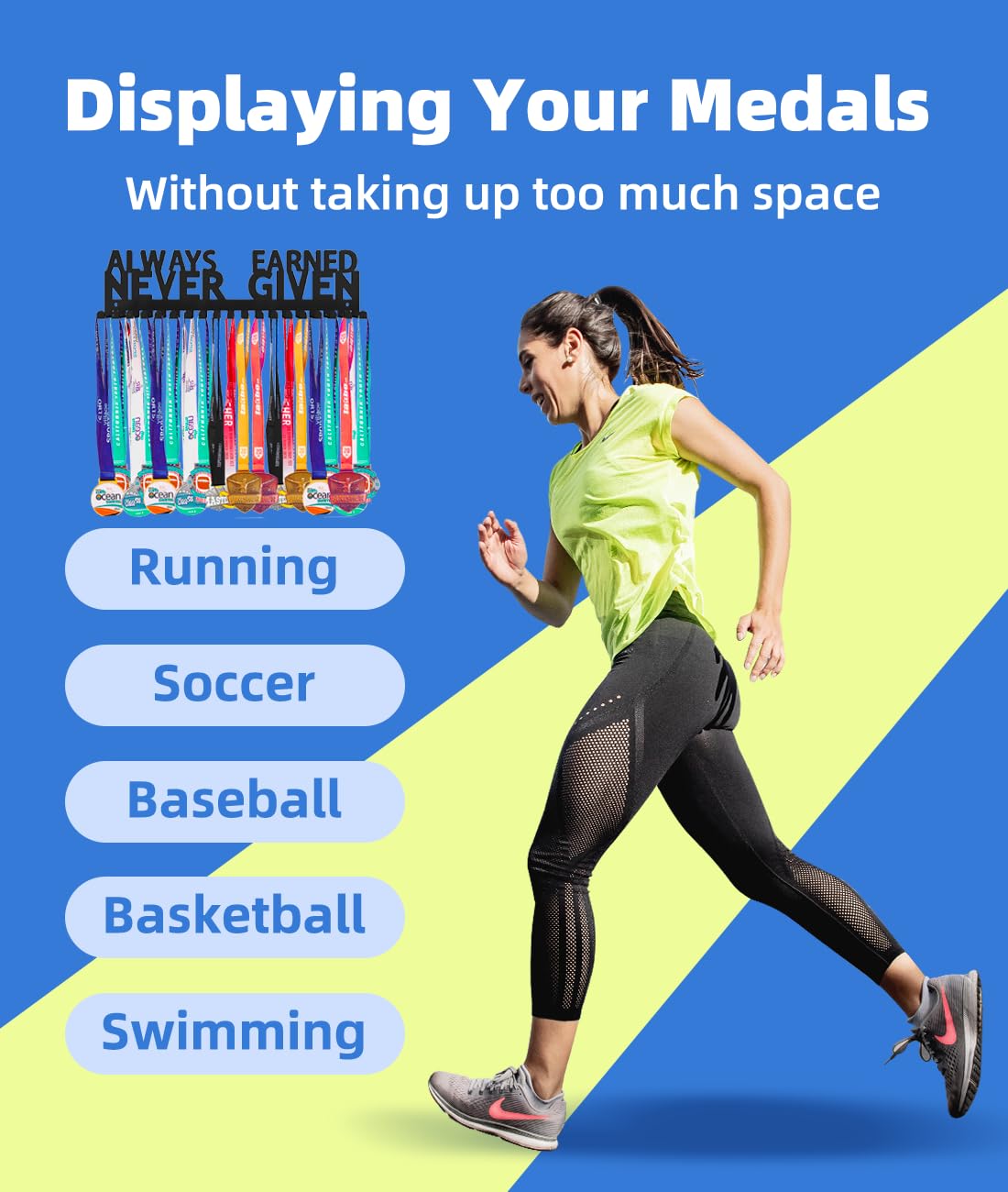 Medal Hanger Ribbon Holder Display Medals Wall Mounted Metal Trophy Rack Organizer Frame Awards Ribbon Cheer Gymnastics Soccer Softball Runner Hold Medals Easy to Install (Earned Hook 14 inch)