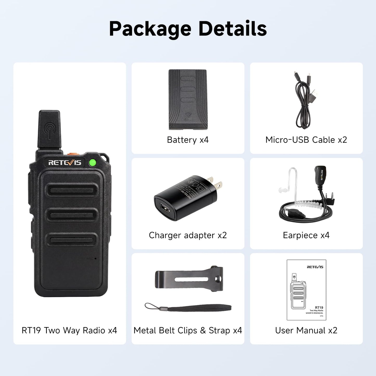 Retevis RT19 Walkie Talkie with Earpiece and Mic, 2 Way Radios Long Range, 1300mAh, VOX Handsfree, Mini, Small, Compact Two Way Radio for Adults Family Outdoor Camping Hiking Agriculture(4 Pack)