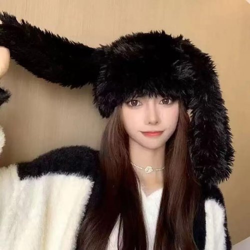 Bunny Ears Hat Fuffy Bunny Hat Cute Y2K Furry Rabbit Beanies for Indoor Outdoor Festival Party Black