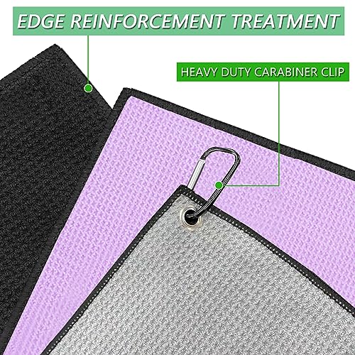 Golf Towel Set with Clip - 3 Pack in Black, Gray & Purple