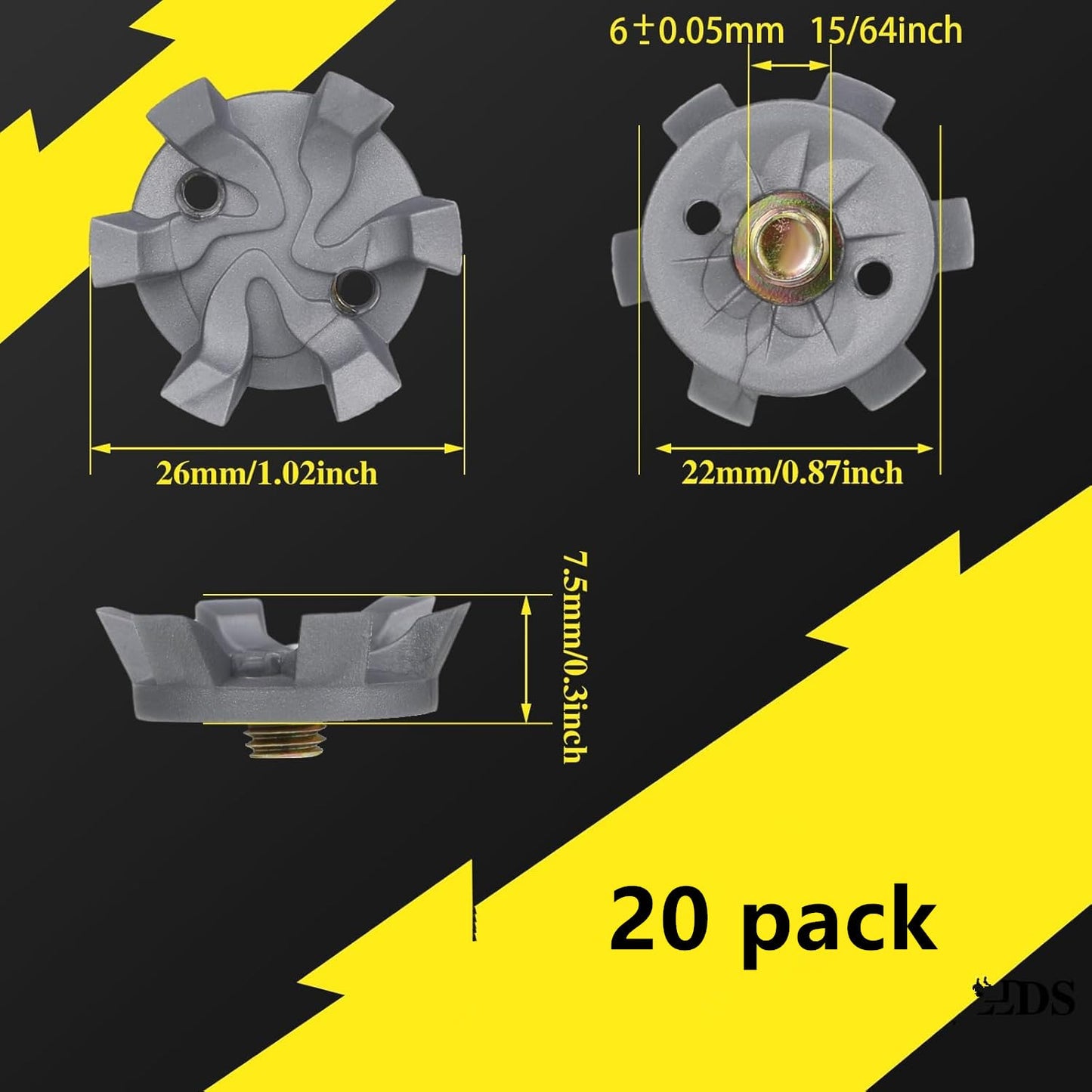 HH-GOLF 21 Pcs Golf Shoe Spikes Replacements Set with 20 Cleats and 1 Spanner, Metal Screw Threading Dia ¼ Inch or 6mm Easy to Install on Golf & Cricket Spike Shoes