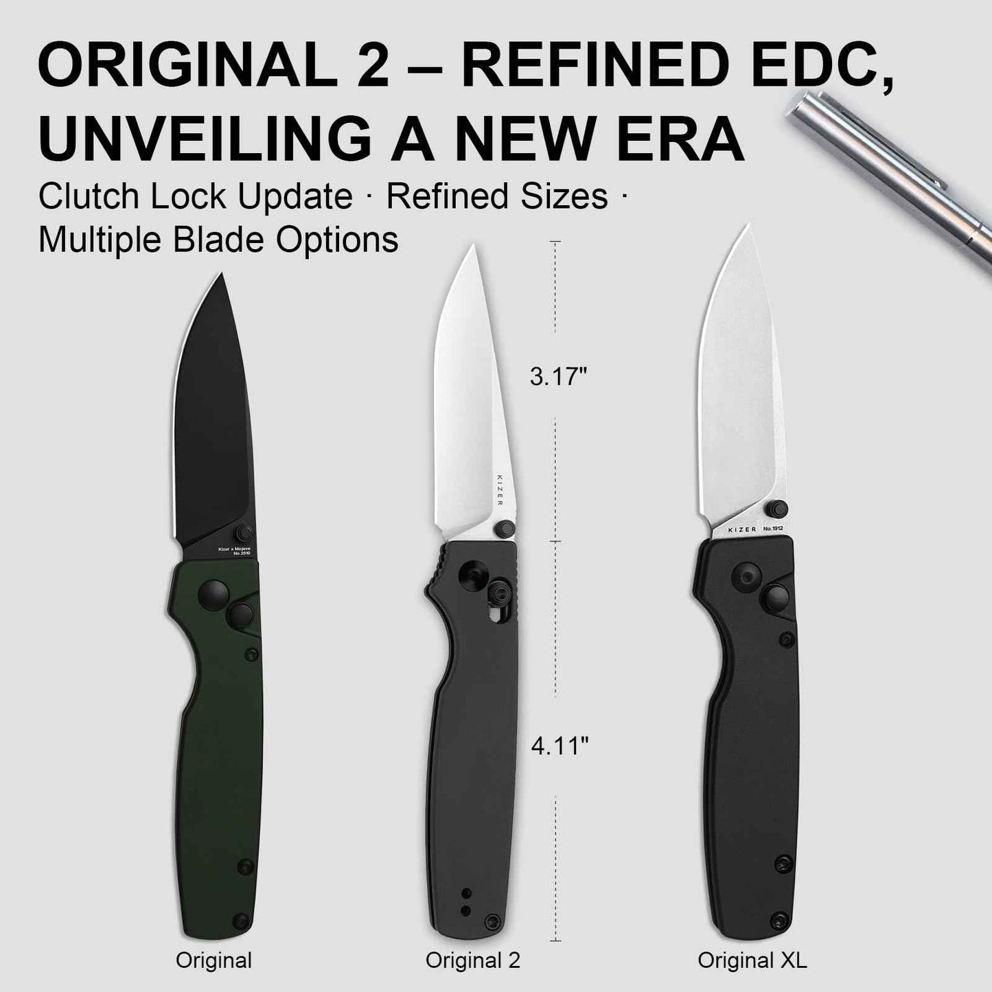 Kizer Original 2 EDC Pocket Knife, 3.17" 14C28N Modified Drop Point Folding Knife with Aluminum Handle, Thumb Stud Opener Clutch Lock, for Camping Hiking Fishing V3605.2MA1