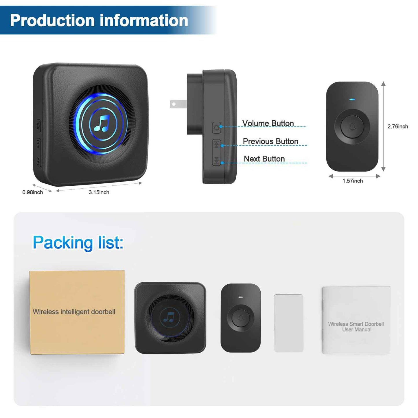 Wireless Doorbell with 3 receivers 1 Button,IP55 Waterproof,1300 FT/400M Remote Doorbell,38 Chimes 8 Volume,Colorful LED Flashing,110 db Loud Volume,For Home/Classroom (1 Receivers +1Buttons black)
