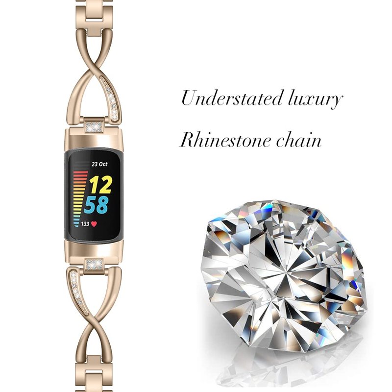 FitTurn Compatible with Fitbit Charge 5 Bands for Women Girl Metal Replacement Charge 5 Band Wristbands Strap with Bling Crystal Diamond Rhinestone Bracelet Bangle for Charge 5 (Vintage Gold)