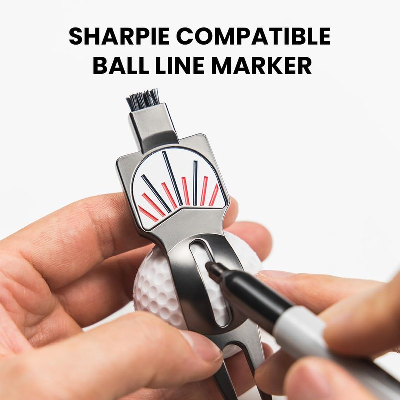 PUR3 Golf Divot Repair Tool and Ball Marker with Putting Aim and Built in Club Cleaning Brush (Metallic Gray) Strong Magnetic Prong | Ball Line Marker | Putting Aid | 4 in 1 Golf Divot Tool