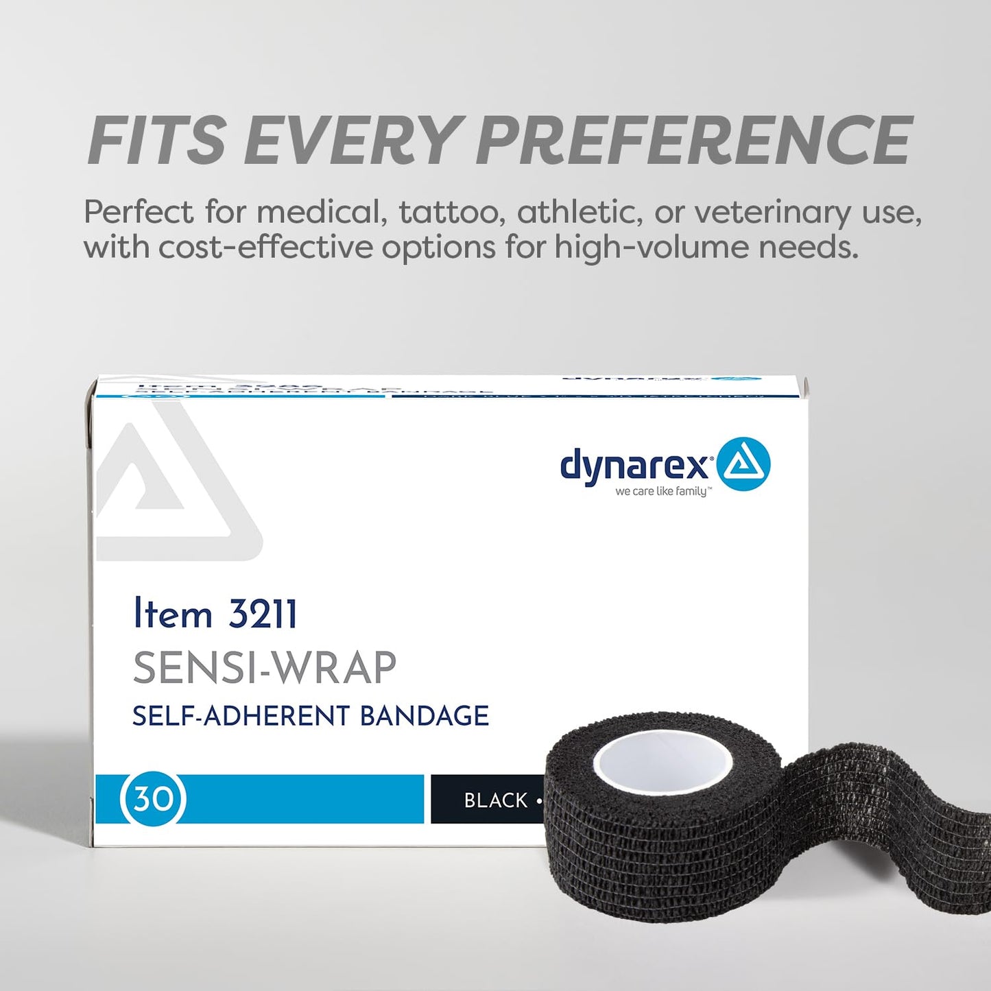 Dynarex Sensi-Wrap Self-Adherent Bandage Rolls, Black, 30 Count, 1" x 5 yds