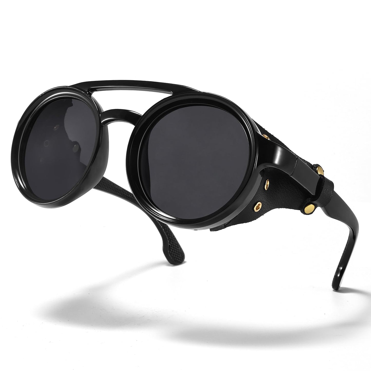Plinvo Polarized Round Steampunk Sunglasses with Leather Side Double Bridge UV400 Protection Retro Eyewear for Men Women (Black)