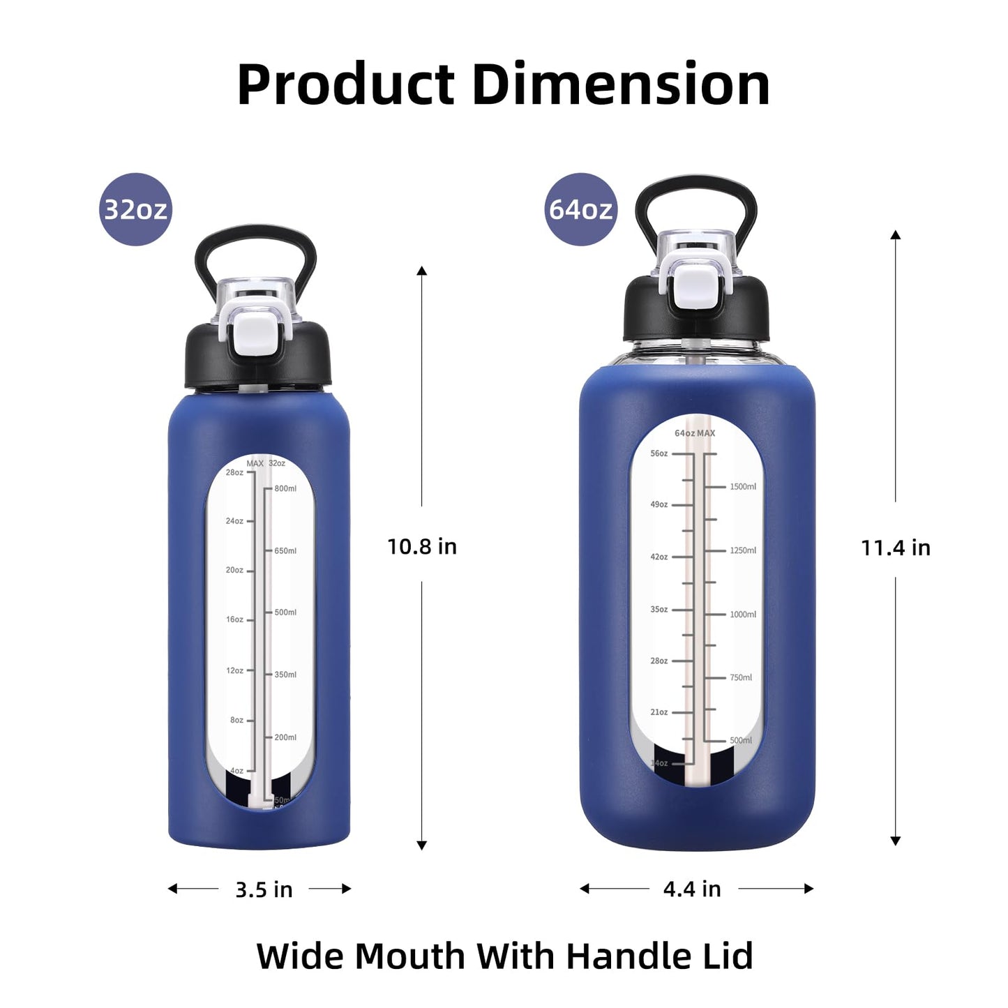 chunmo 64 oz Glass Water Bolttles with Straw Half Gallon Large Motivational Water Bottle with Time Marker Sports Water Bottles with Silicone Sleeve and Handle Lid Water Jug for Gym Workout