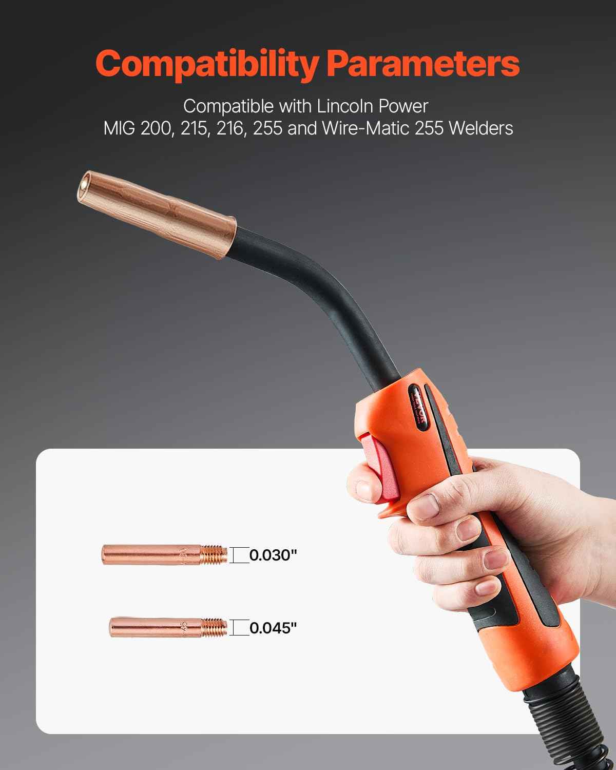 VEVOR 250Amp Mig Welding Gun with 15FT Cable, Compatible with LincoIn Power MlG 200, 215, 216, 255 and Wire-Matic 255 Welders, Suitable for 0.035" and 0.045" Welding Wires
