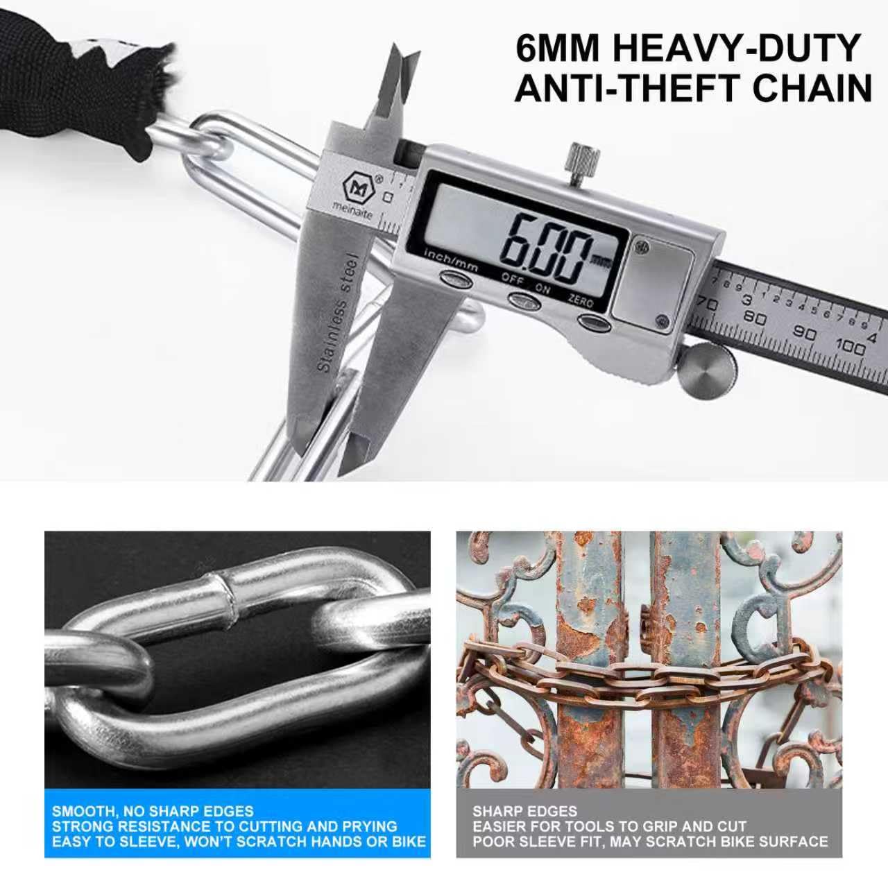 Venzio Bike Chain Lock, 3FT (900mm) Heavy Duty Anti-Theft Bicycle Lock with 2 Keys, 6mm Thick Steel Chain, Waterproof Sleeve and Zinc Alloy Core, Ideal for Scooter, Fence, Gate, Motorcycle