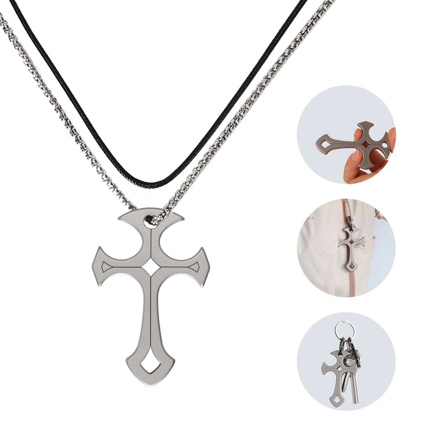 Bascsomy Self Defense Cross Necklace For Men Women 2 PCS Chains EDC Multi-Tool Titanium Alloy