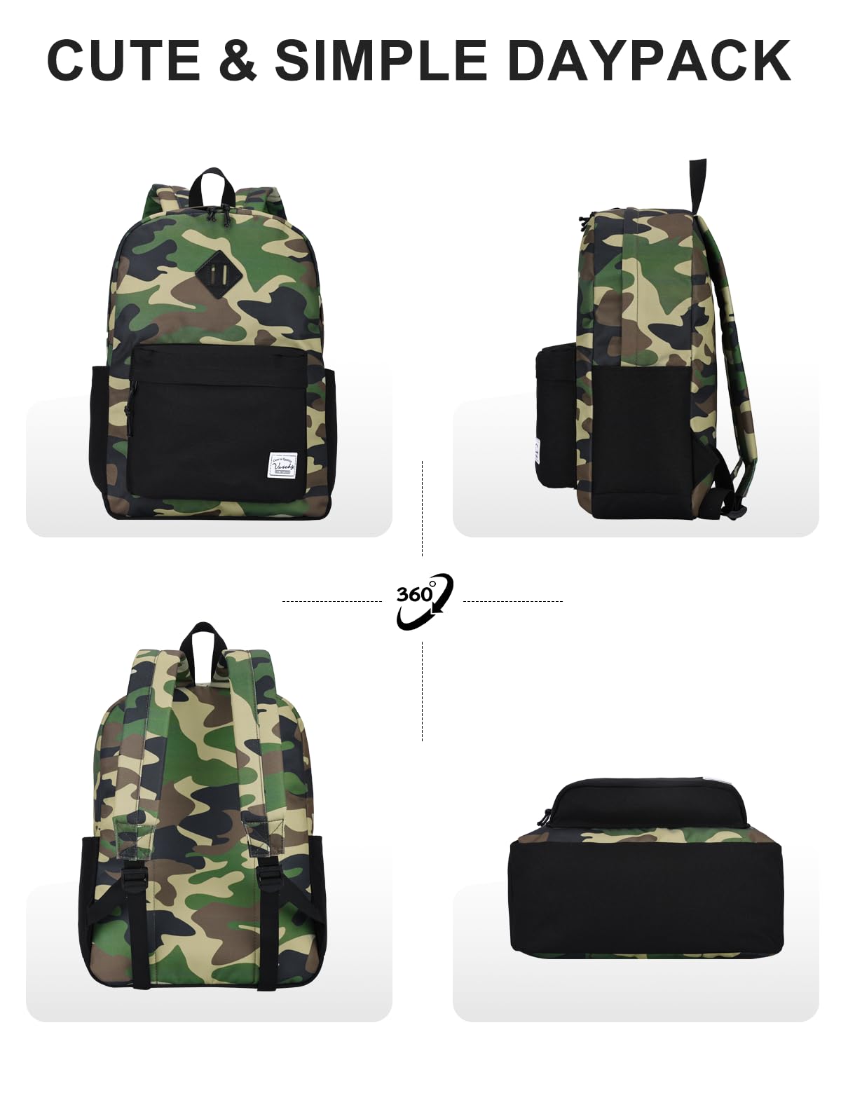 VASCHY Lightweight Backpack for Men, Water Resistant Classic Daypack for Travel, Work, College with Side Bottle Pockets Camo Black