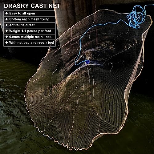 Drasry 10FT Cast Net with 3/8-inch Mesh, Zinc-Iron Sinkers, White, Heavy Duty Monofilament, Bait & Shrimp Trap
