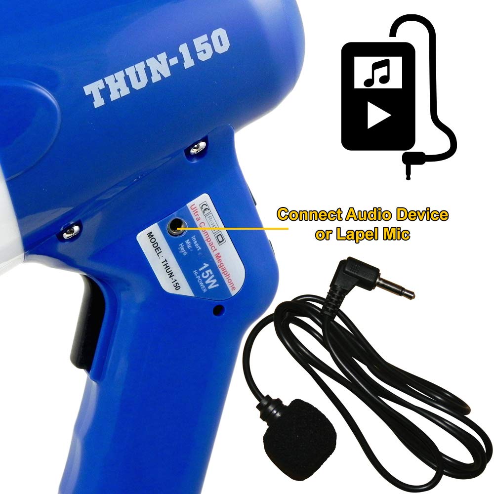 ThunderPower THUN150 Extra-Loud Megaphone Speaker – 600-Yard Range Bullhorn Megaphone with Siren & Voice Modes – 15W Loud Speaker Megaphones for Public Safety, Sports, Teachers, and Protests