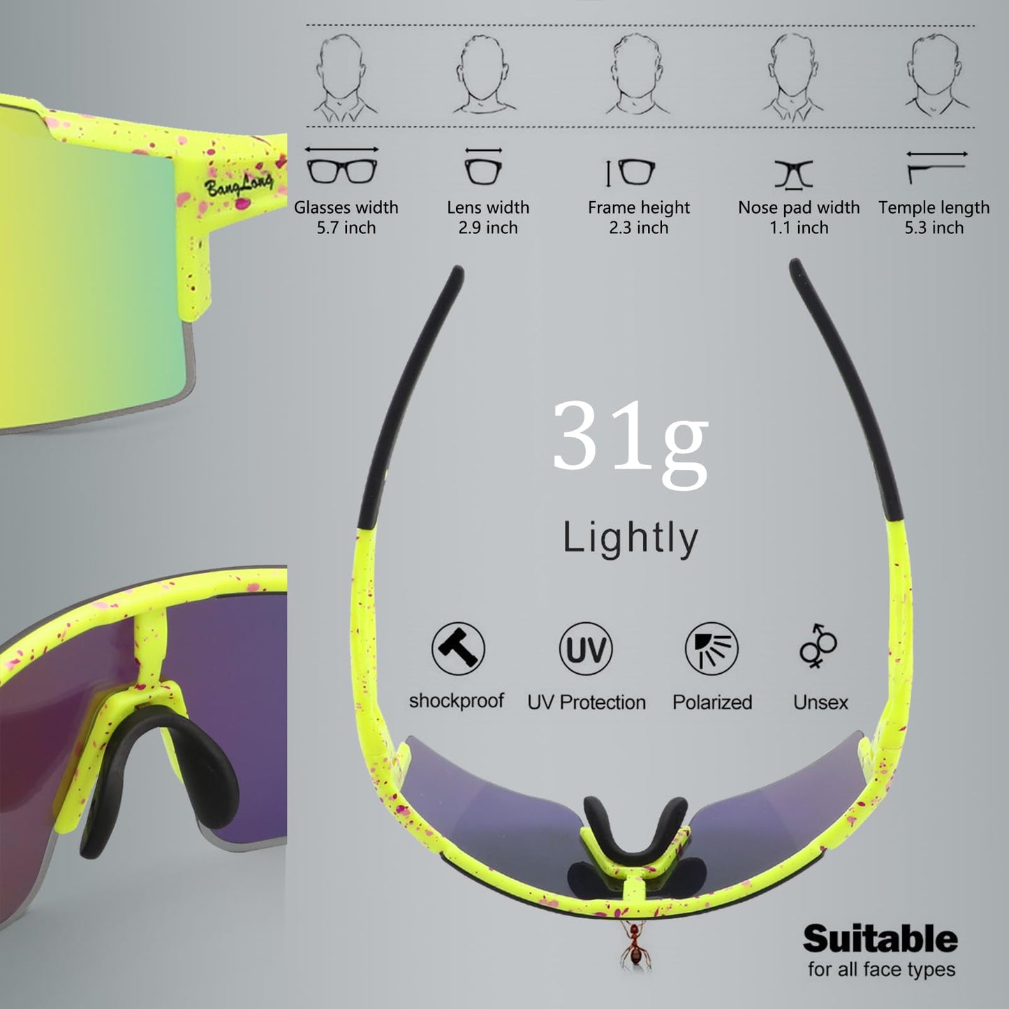BangLong Cycling Sunglasses Polarized Sports Glasses for Men Women with 3 Interchangeable Lenses for Running Baseball Glasses