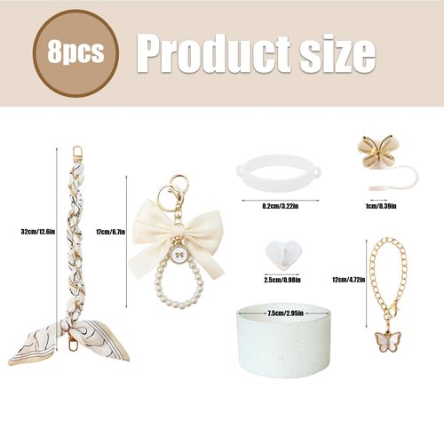 Stanley Cup Accessories Set for 40oz & 30oz Tumbler including Water Bottle Handle Strap、Bow Keychain、Cup Ring、Bling Silicone Boots、Butterfly Straw Topper、Charm Chain Accessories for Stanley Cup(Black)