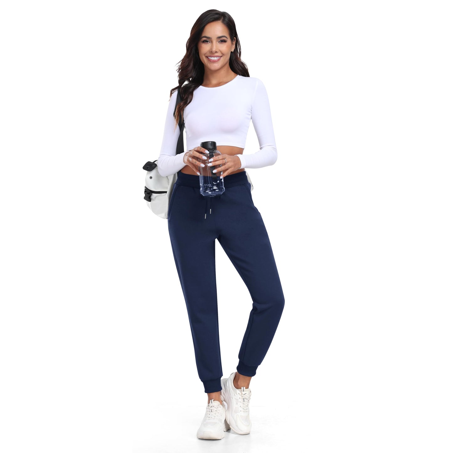 MoFiz Women's Fleece Lined Joggers Thermal Hiking Pants Elastic Waisted Water Resistant Cold Weather Sweatpants with Zipper Pockets Navy L