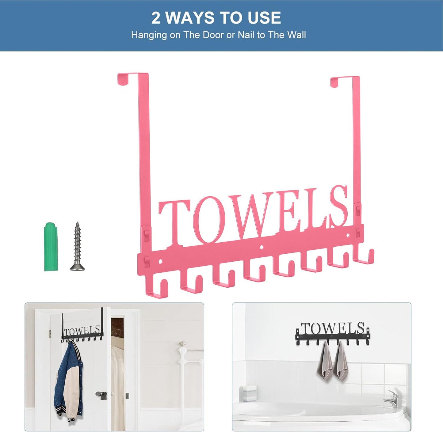 Azmoncy Over The Door Hooks - Wall Mount Towel Hanger with 8 Hooks for Bedroom Bathroom Pool Kitchen Towels, Bag, Coats - Pink