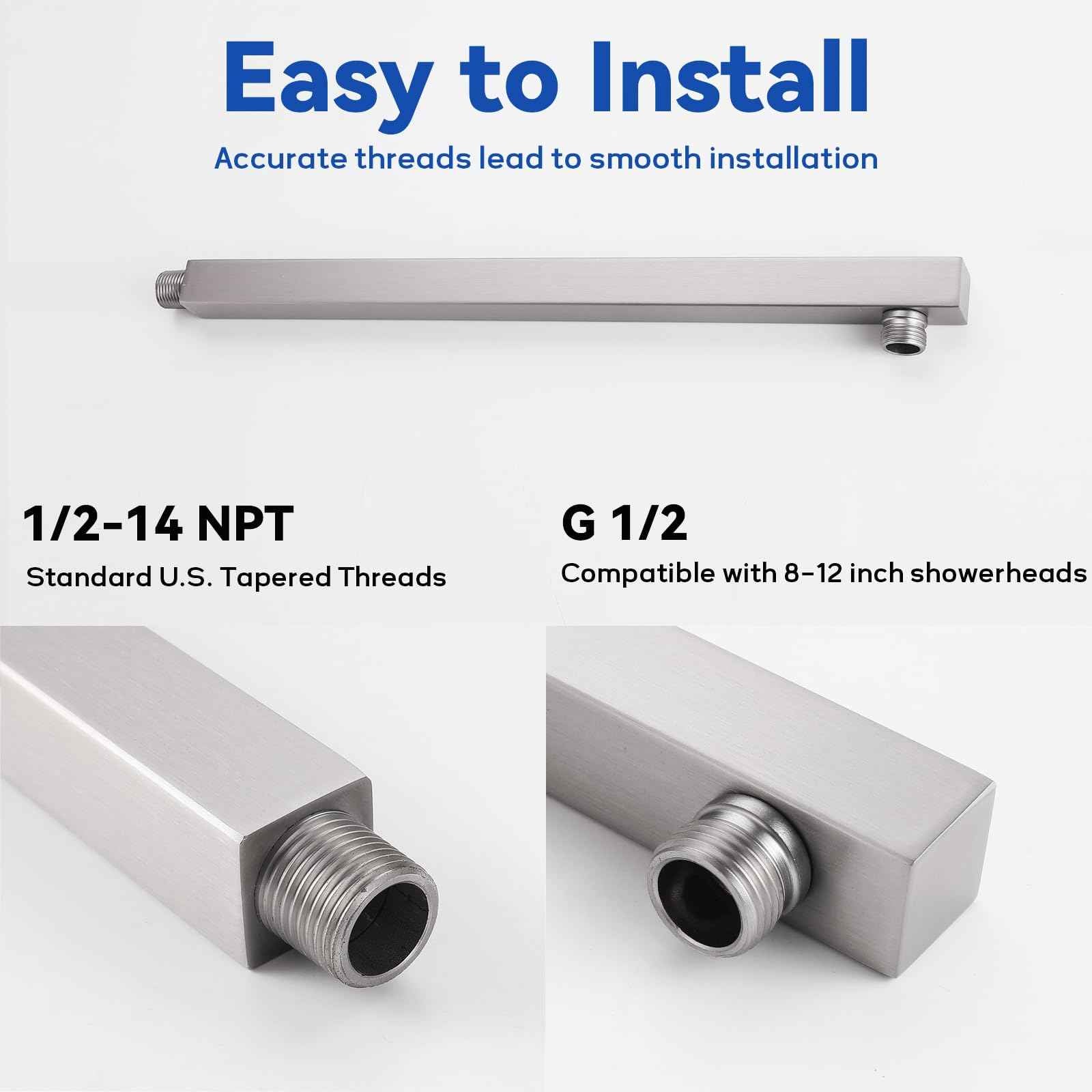 16 Inch Rain Shower Head Extension Arm with Flange, Brushed Nickel, Made of SUS 304 Stainless Steel, Square Shower Arm Wall Mounted, Rainfall Shower Arm for Morden Bathroom