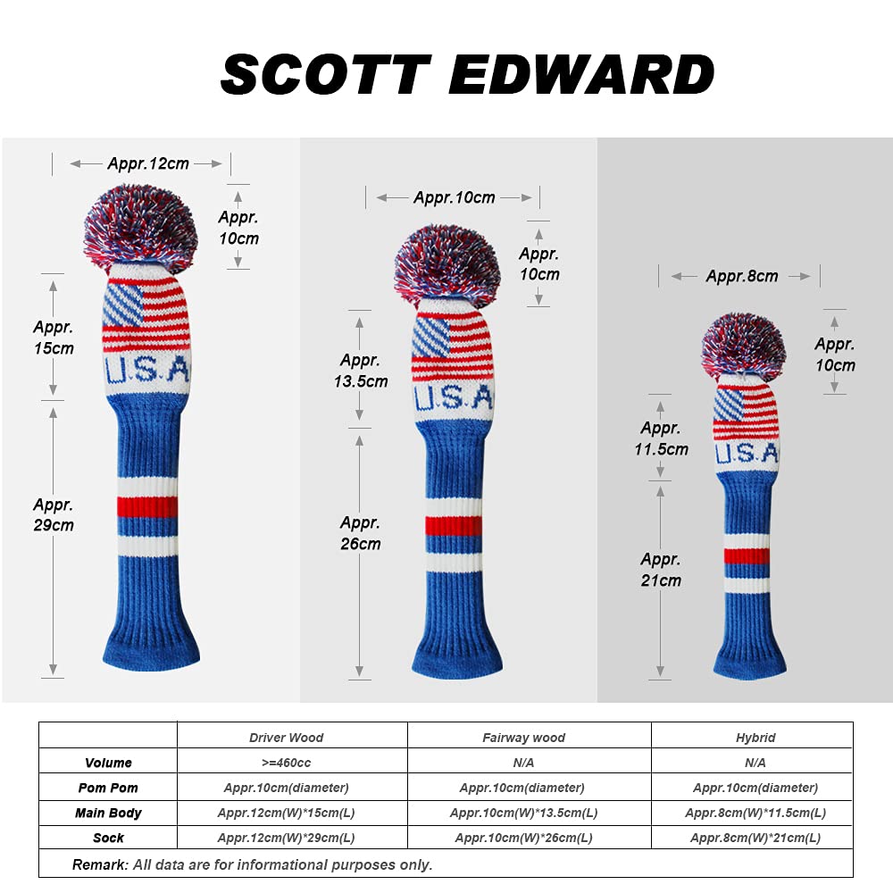 Scott Edward Knit Golf Club Cover with a Pom Set of 5 Head Covers Protect Driver Wood(460cc) 1 Fairway Wood2 and Hybrid/UT2 with Rotating Club Number Tags (USA Flag)