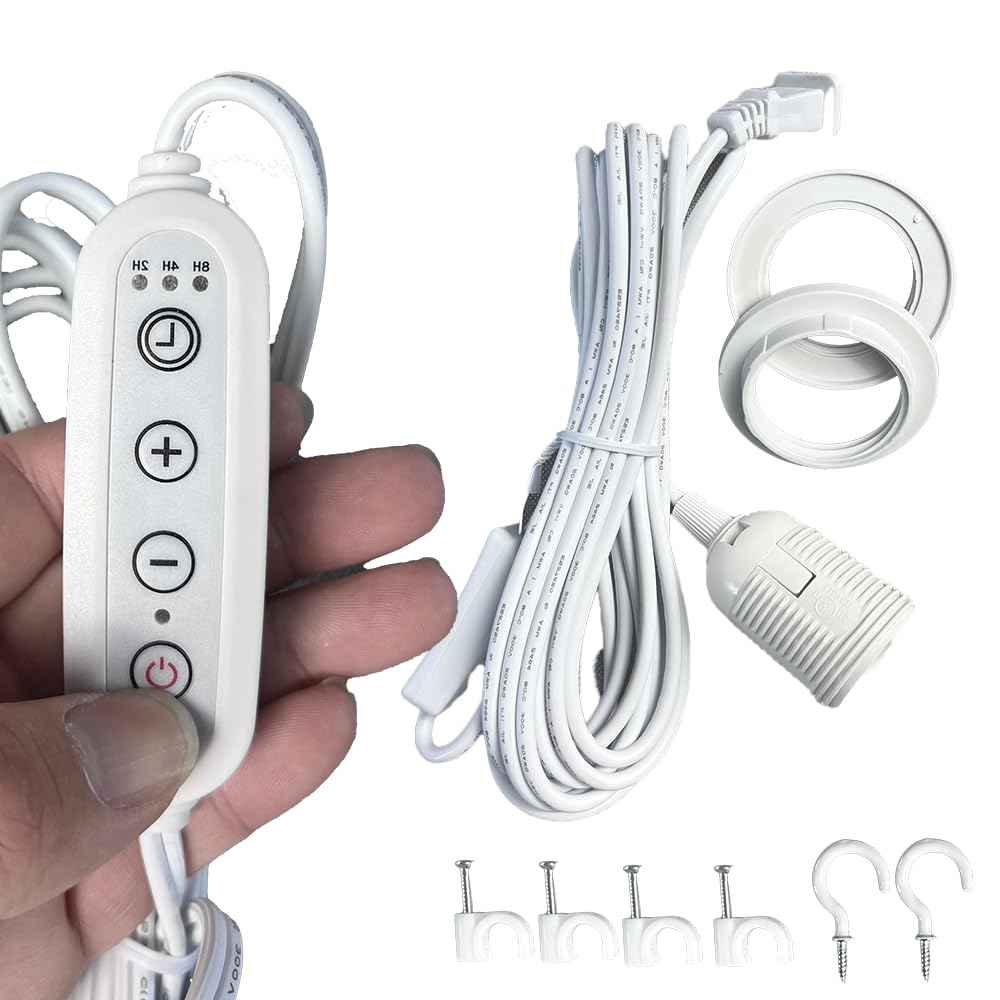 Pendant Light Cord with E26/E27 Socket, 15FT Extension Cable, Stepless Dimming, 2/4/8H Timer, On/Off Switch, Lampshade Holder – Hanging Light Kit for DIY Pendant Lamp, Plug in Pendant Lighting – White