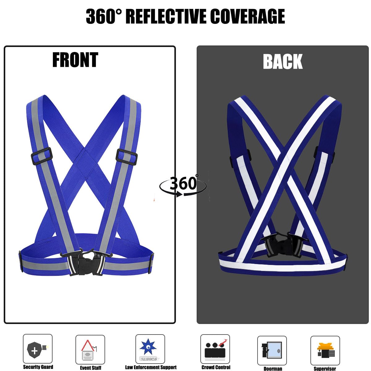 Reflective Vest 5 Pack, Blue Hi-Vis Safety Harness for Men, Women & Kids, Adjustable vest with 360 Silver Reflective for Security Guard, Event Staff, Law Enforcement Support, Crowd Control, Doorman